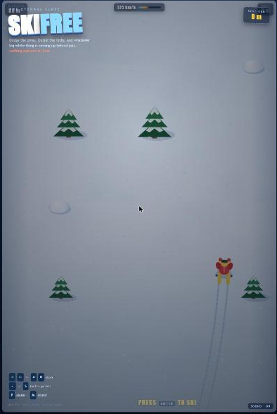 The base Qwen3.8-27B SkiFree title screen: a SKIFREE logo over THE ETERNAL SLOPE, snow-covered pines, and a skier leaving twin tracks.