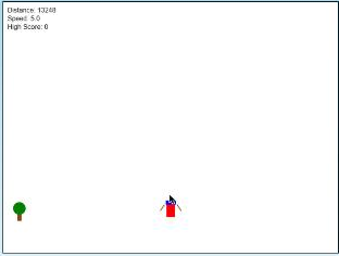 Qwen3-Coder's SkiFree in play: a bordered white slope, a red-and-blue skier, and a green pine obstacle scrolling down toward it, with a distance and speed HUD.
