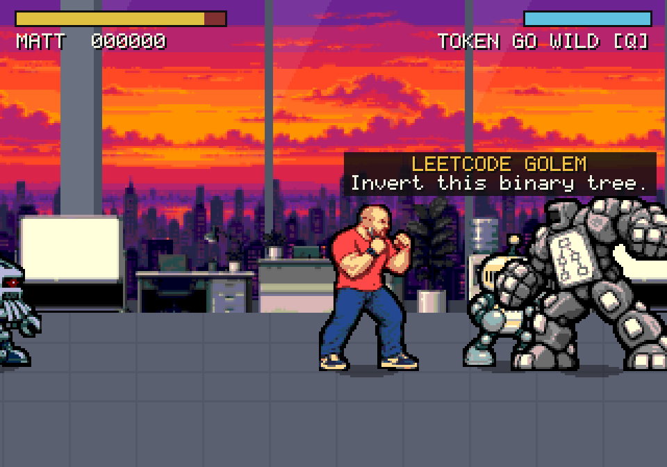 Stage 3, the Interview Tower: Matt faces a hulking grey LeetCode Golem in a sunset office, with a name card reading 'LEETCODE GOLEM: Invert this binary tree.'