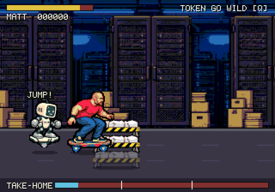 Stage 2, the Take-Home Tunnel: Matt on a hover board in a server room, TOKEN riding behind him calling 'JUMP!' as a striped hurdle approaches.